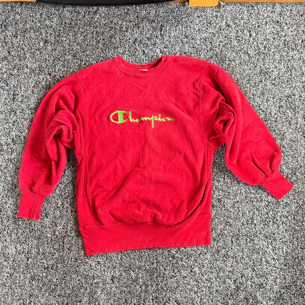 VINTAGE Champion Red Reverse Weave Crewneck Sweatshirt with Lime Green Script